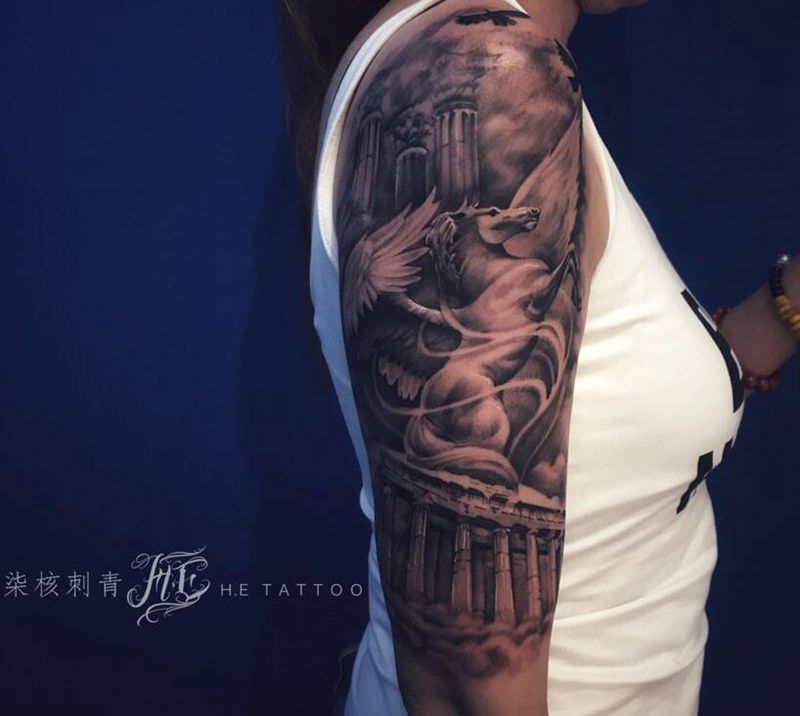 罗马飞马纹身图片_手臂肩部欧美写实飞马建筑神庙纹身图案