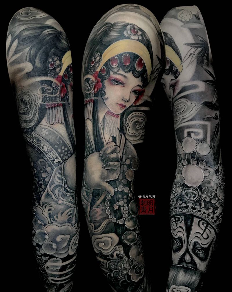 霸王别姬系列纹身图片_手臂新传统霸王别姬艺妓花臂纹身图案