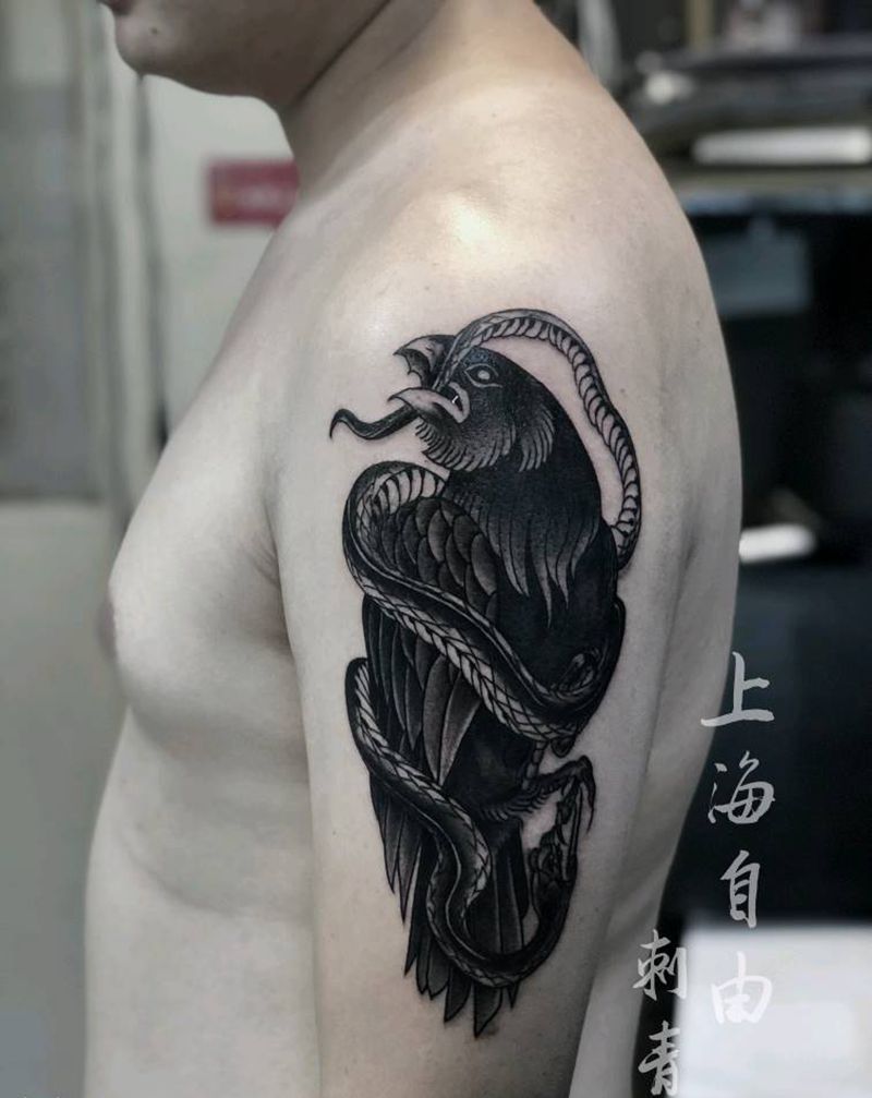 乌鸦纹身图片_手臂欧美写实乌鸦纹身图案