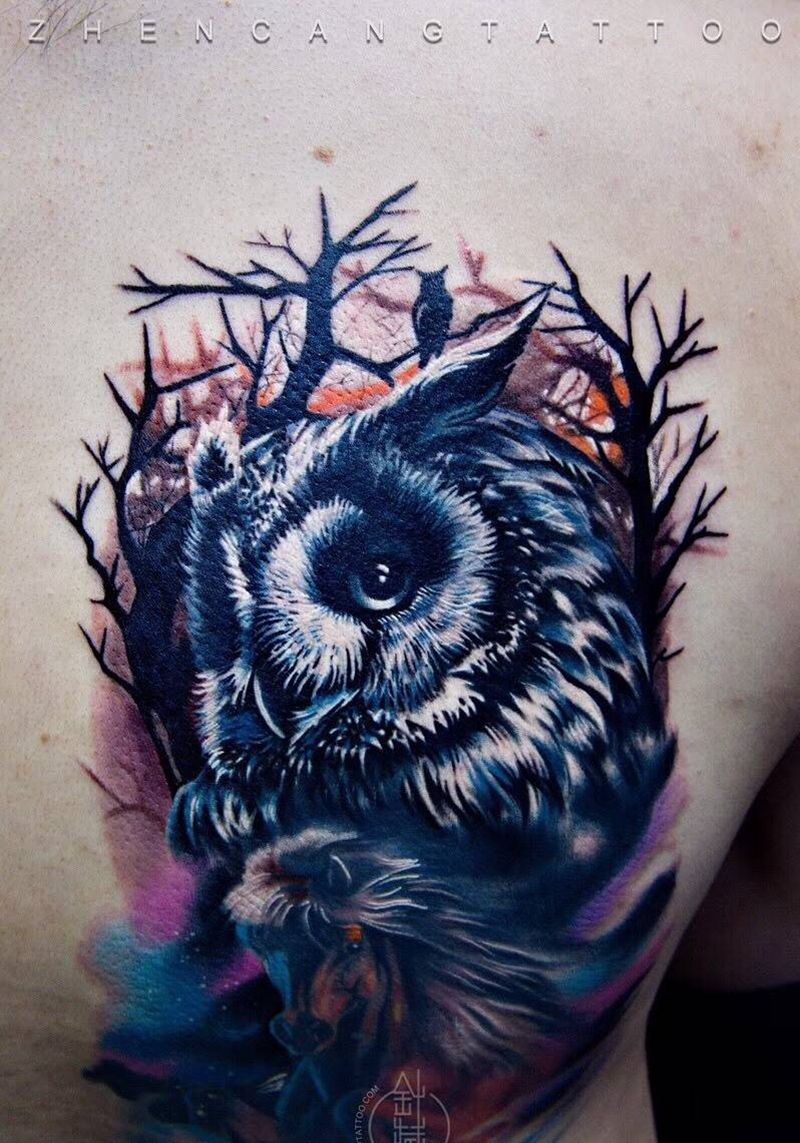 猫头鹰 | 针藏刺青 ·邵钢· 作品纹身图片_成品背部写实动物针藏刺青邵钢纹身图案