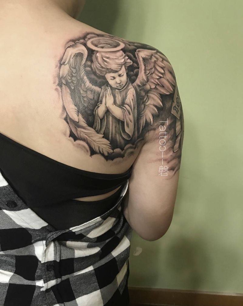 时钟天使纹身图片_手臂肩部欧美写实肖像宗教成品纹身图案