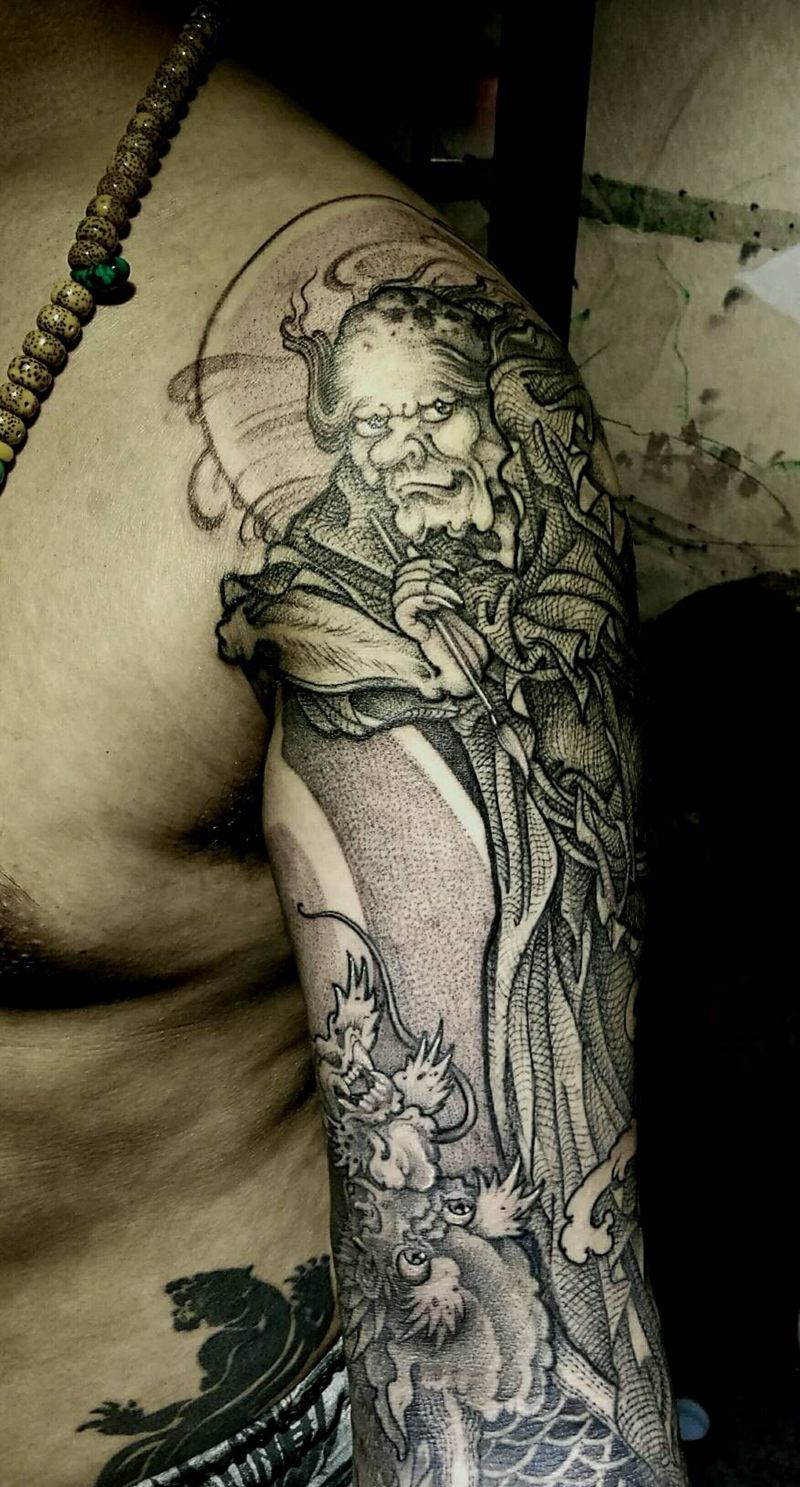 魁星踢斗纹身图片_肩部手臂传统鬼神中国风成品纹身图案