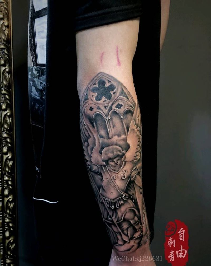 天使纹身图片_手臂欧美写实天使纹身图案