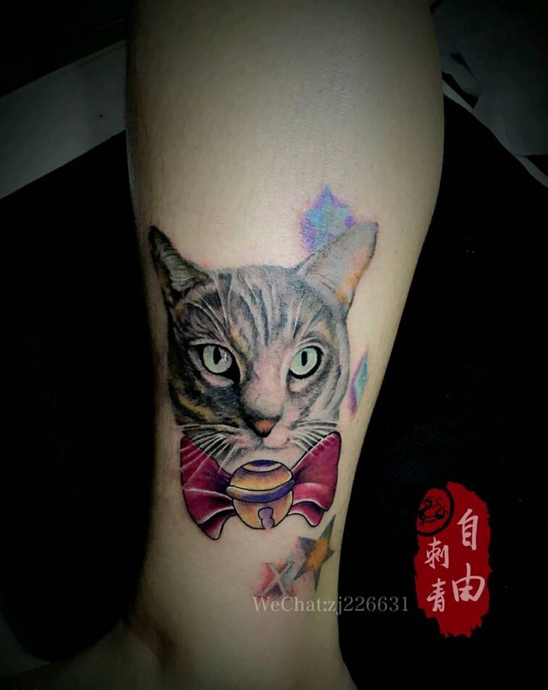 写实猫纹身图片_腿部欧美写实猫纹身图案