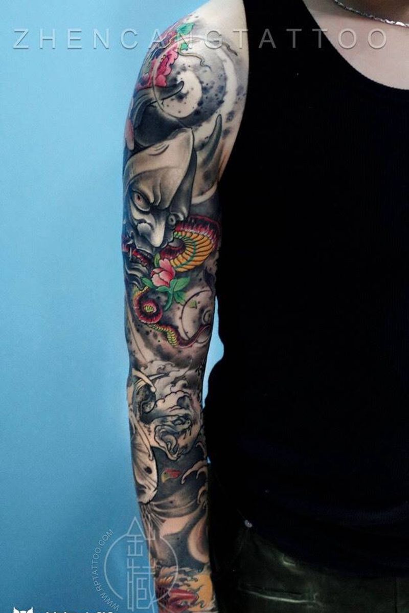 针藏刺青董师傅作品纹身图片_成品手臂传统原创针藏刺青纹身图案