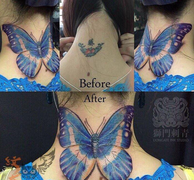 遮盖旧纹身纹身图片_颈部欧美成品动物纹身图案