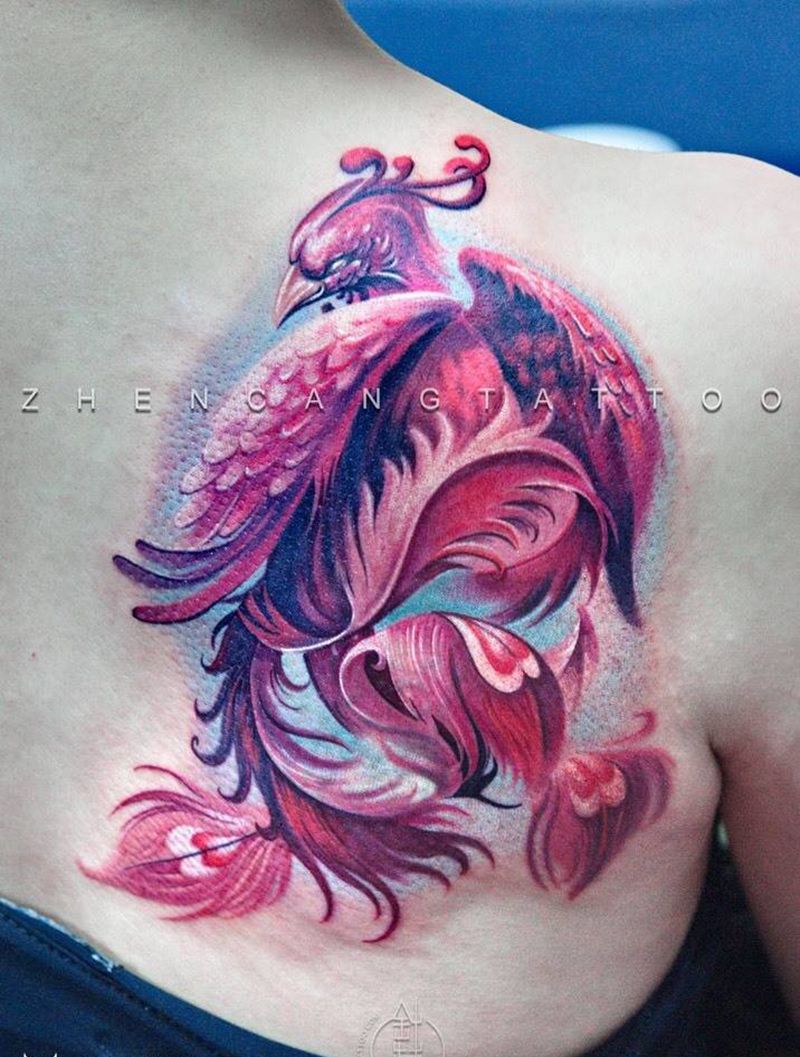 火凤 | 针藏刺青主理人 · 邵钢作品纹身图片_成品肩部背部写实习俗动物原创针藏刺青邵钢纹身图案