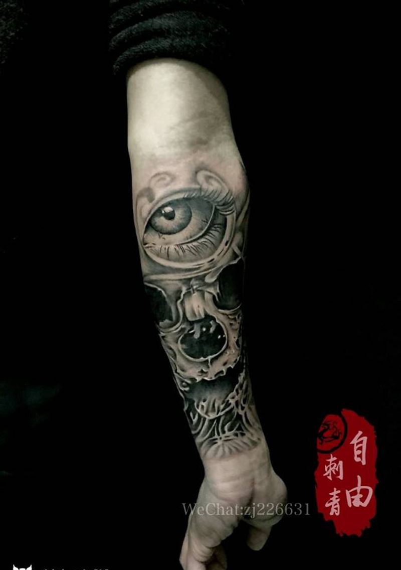 自由拼接纹身图片_手臂欧美写实骷髅眼睛纹身图案