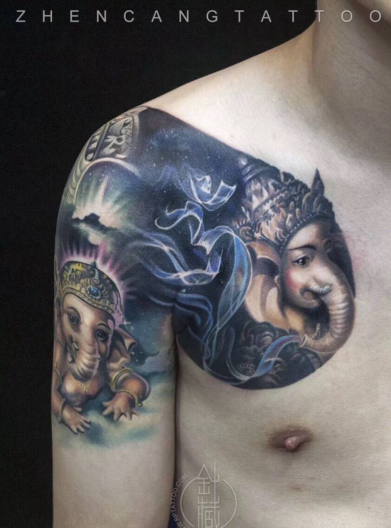 象神 | 针藏刺青 ·邵钢· 作品纹身图片_成品手臂胸部写实清新传统鬼神动物针藏刺青邵钢纹身图案