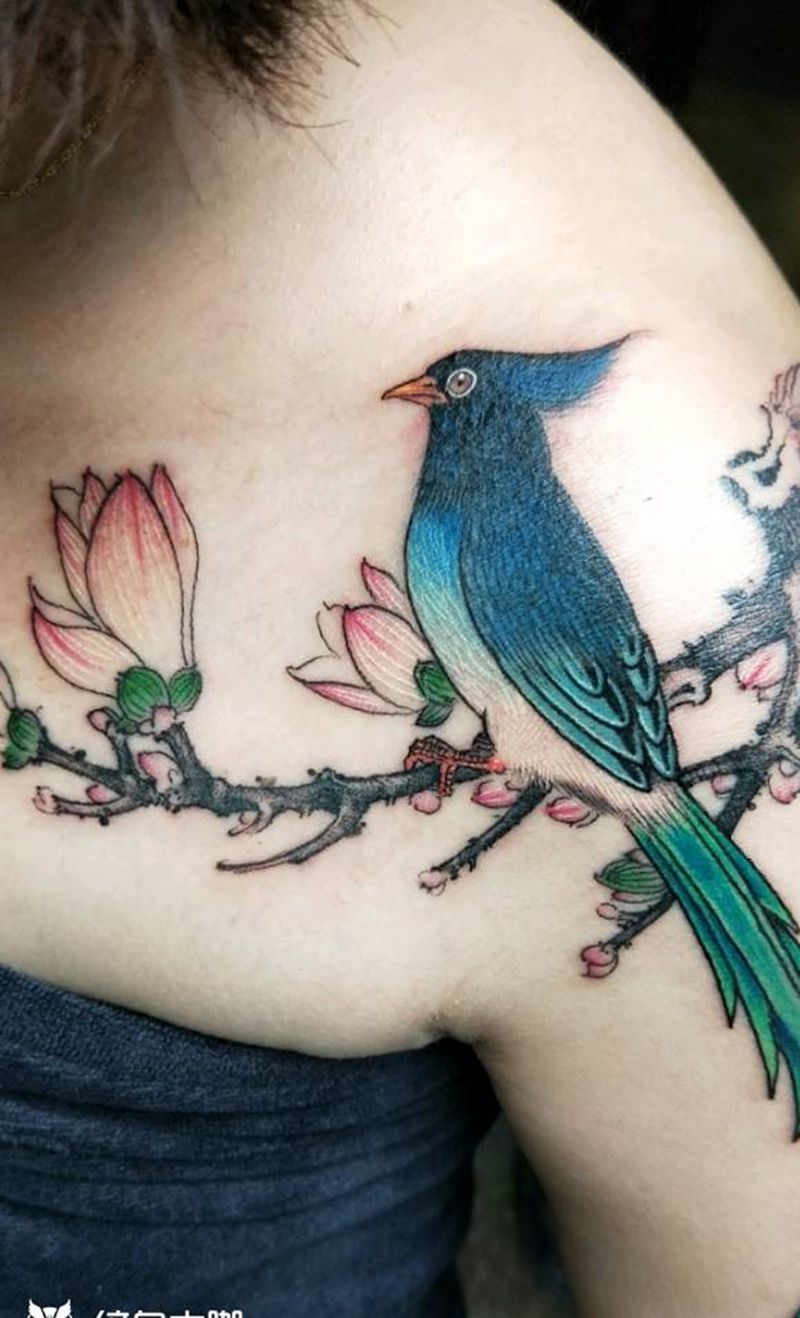 工笔纹身图片_肩部传统国画动物植物汉刺青中国风成品纹身图案