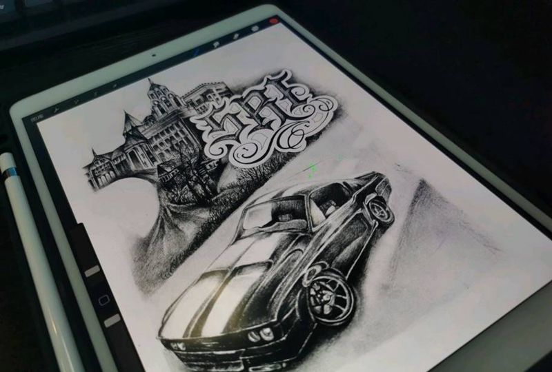 dodge纹身图片_手臂欧美写实花体字混搭纹身图案