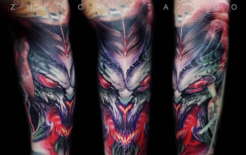 暗黑破坏神  | 针藏刺青 ·邵师傅· 作品纹身图片_成品手臂写实欧美针藏刺青邵钢鬼神人物纹身图案