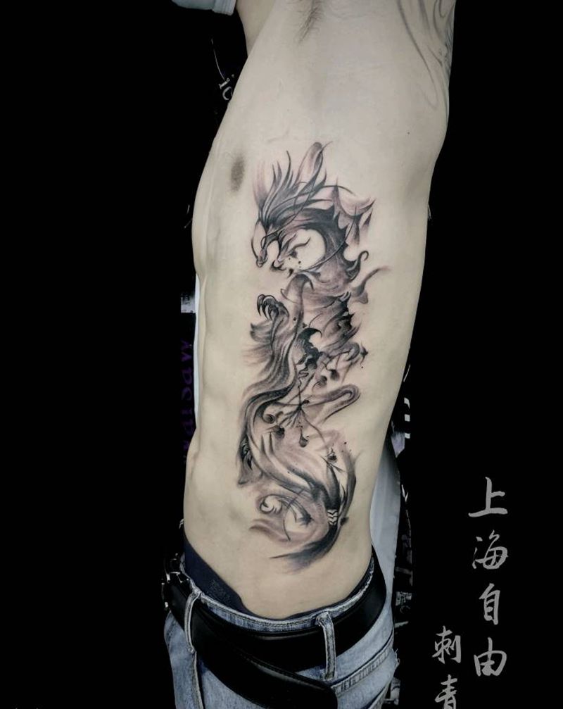 龙啊龙纹身图片_腰部水墨纹身图案