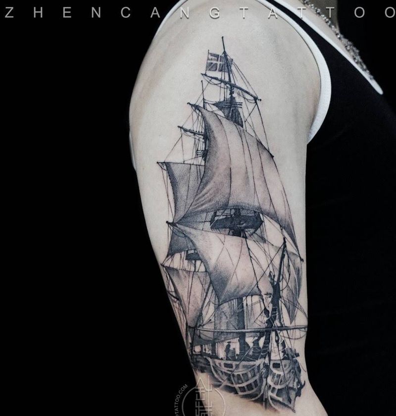 帆 | 针藏刺青 ·刘师傅· 出品纹身图片_成品手臂写实欧美针藏刺青纹身图案