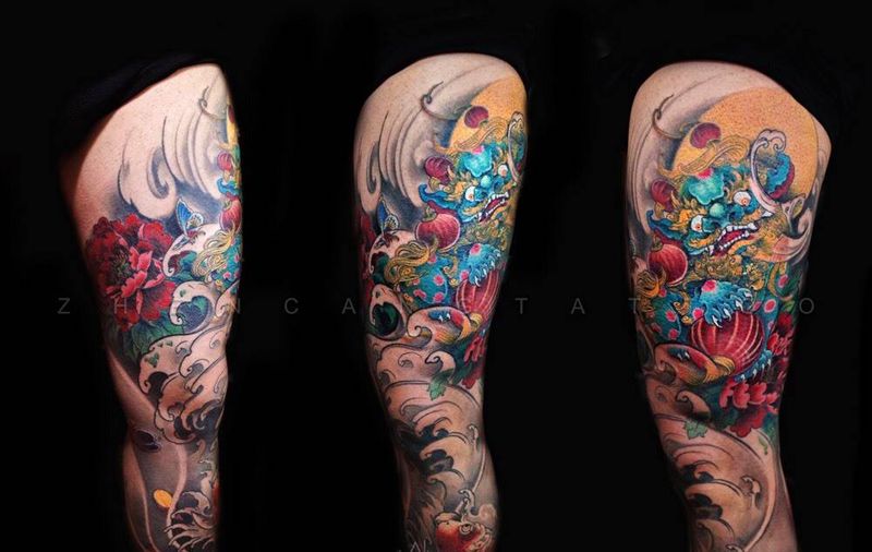 唐狮纹身图片_成品腿部传统宗教鬼神动物针藏刺青纹身图案