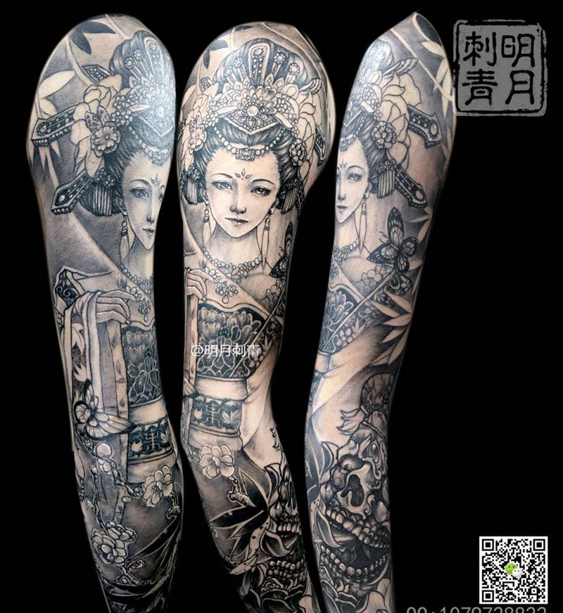 明月艺伎-翠羽吟纹身图片_成品手臂传统肖像习俗人物艺伎明月艺伎明月中国原创纹身图案