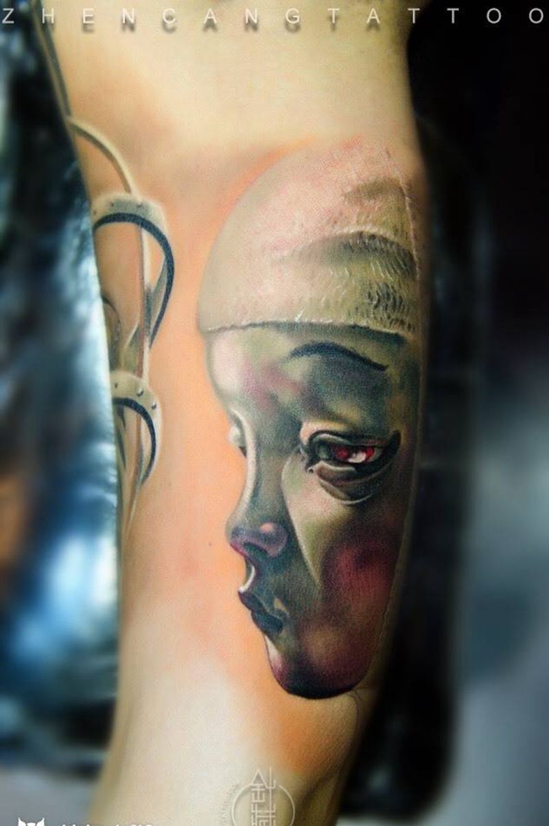 超现实娃娃全臂part3 未完待续 | 针藏刺青邵钢纹身作品纹身图片_成品手臂写实人物原创针藏刺青邵钢纹身图案