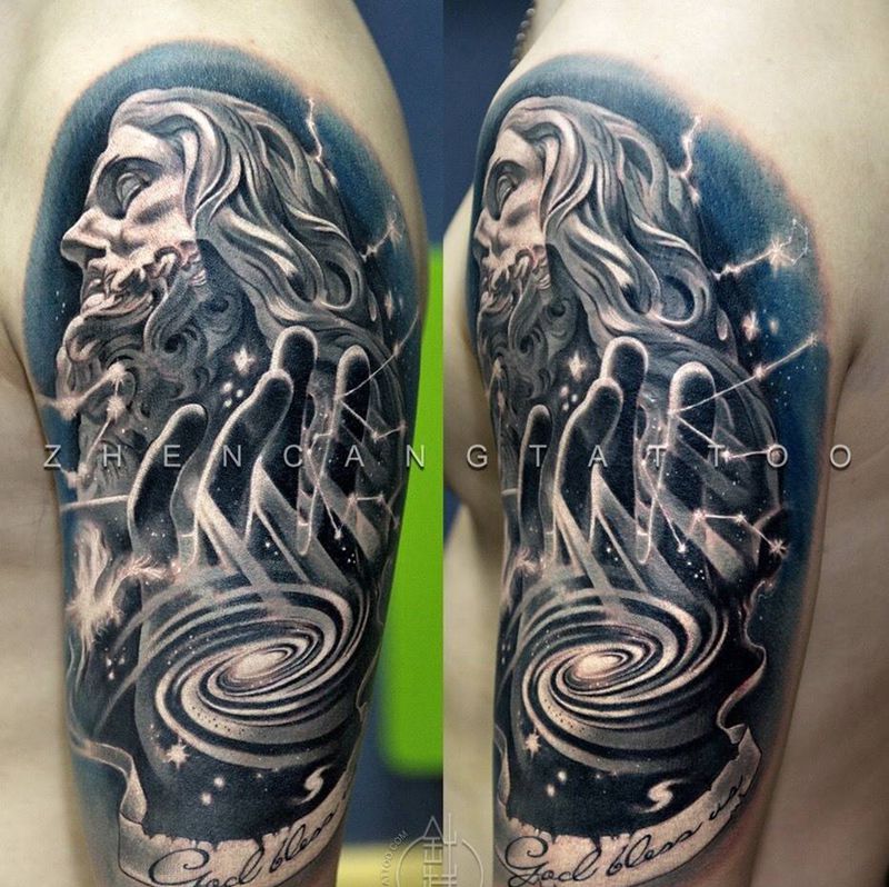 耶稣石膏像纹身图片_成品手臂欧美写实原创人物针藏刺青邵钢纹身图案