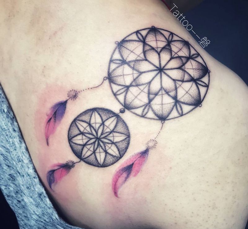 捕梦网纹身图片_肩部清新几何静物成品纹身图案