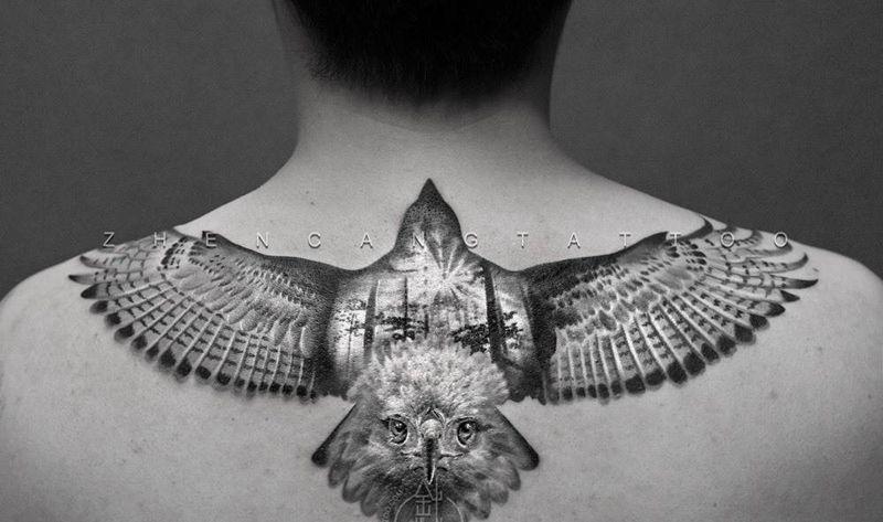 鹰 | 针藏刺青邵钢纹身作品纹身图片_成品背部欧美原创针藏刺青邵钢纹身图案