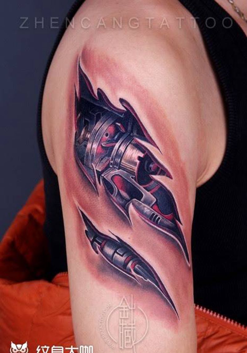 针藏刺青纹身作品纹身图片_成品手臂欧美写实机械纹身图案