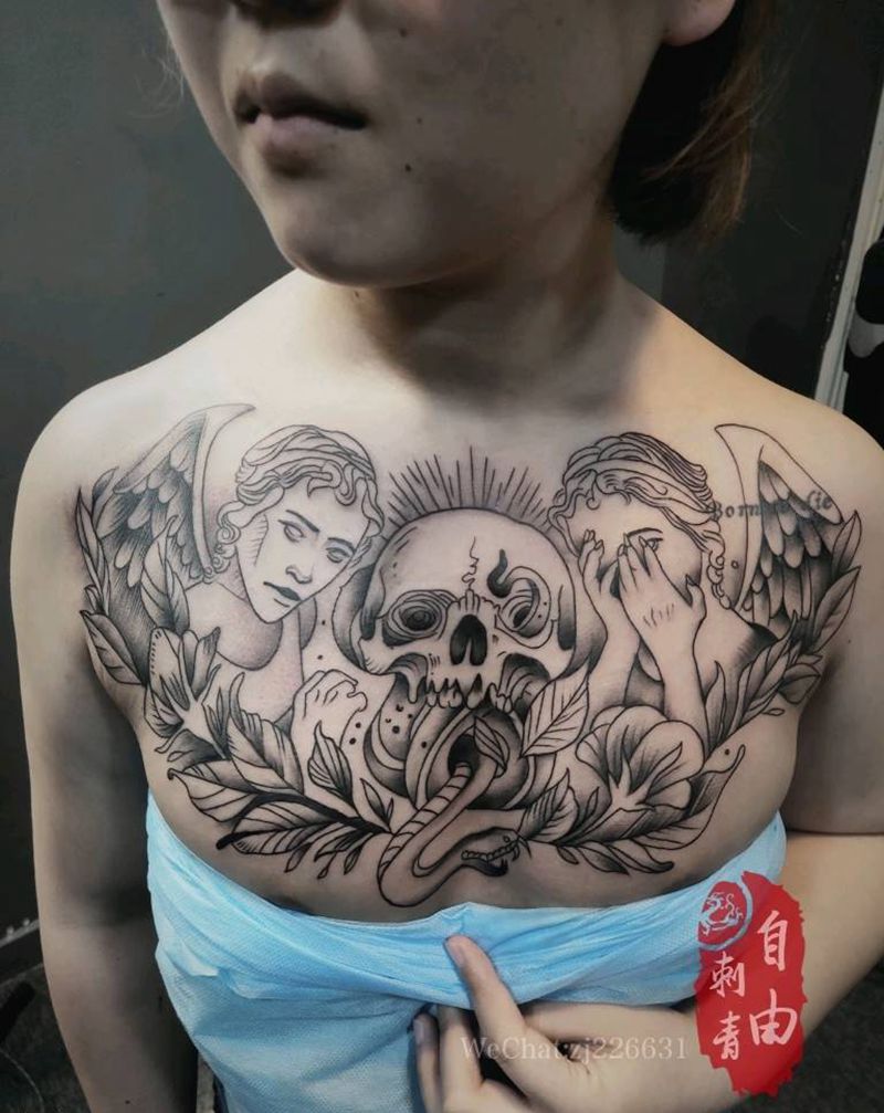 仕女纹身图片_欧美写实点刺仕女骷髅纹身图案