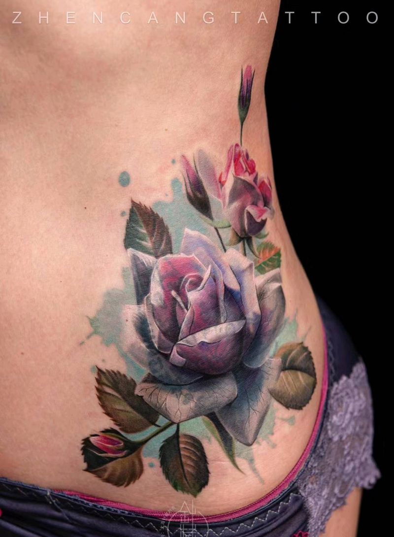 玫瑰【旧图遮盖】| 针藏刺青纹身图片_腹部欧美写实水彩针藏刺青邵钢老师遮盖纹身图案