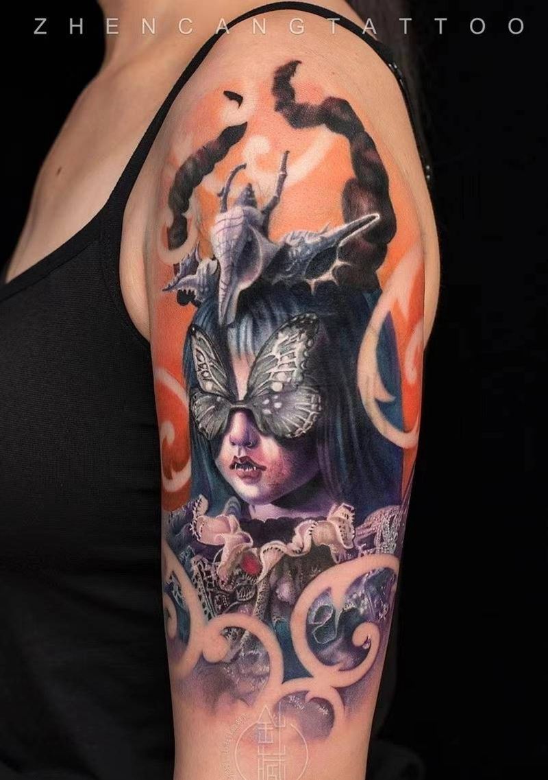 城堡里的恶魔公主【旧图遮盖】纹身图片_手臂欧美写实邵钢针藏刺青遮盖纹身图案