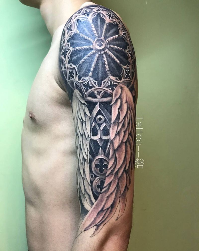 天堂纹身图片_成品肩部手臂欧美写实几何宗教纹身图案