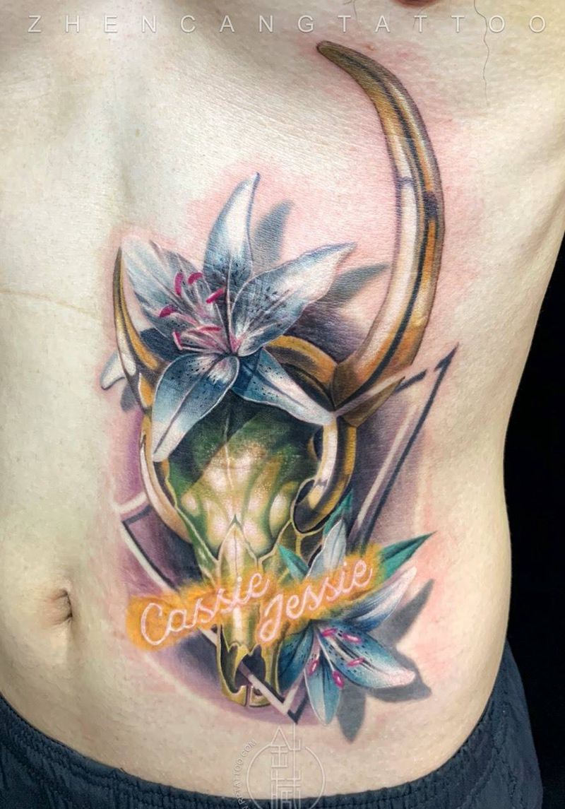 金牛 | 针藏刺青 ·邵钢· 作品纹身图片_成品腹部写实欧美针藏刺青邵钢原创纹身图案