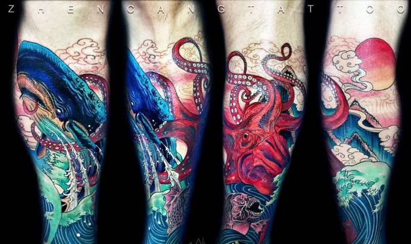 类浮世绘纹身图片_成品腿部传统习俗原创针藏刺青邵钢纹身图案