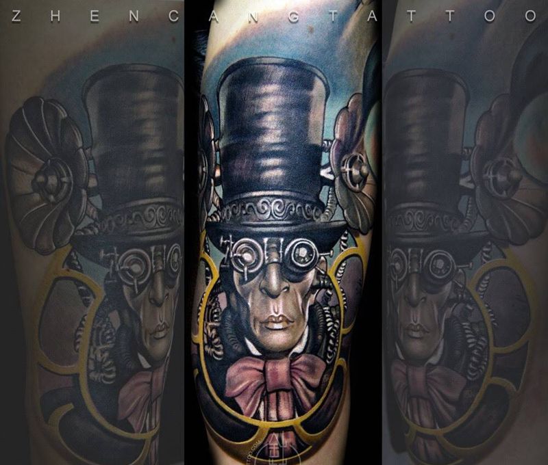 蒸汽朋克 · 全臂未完待续 | 针藏刺青 ·邵钢· 纹身作品纹身图片_成品手臂写实欧美人物原创针藏刺青邵钢纹身图案