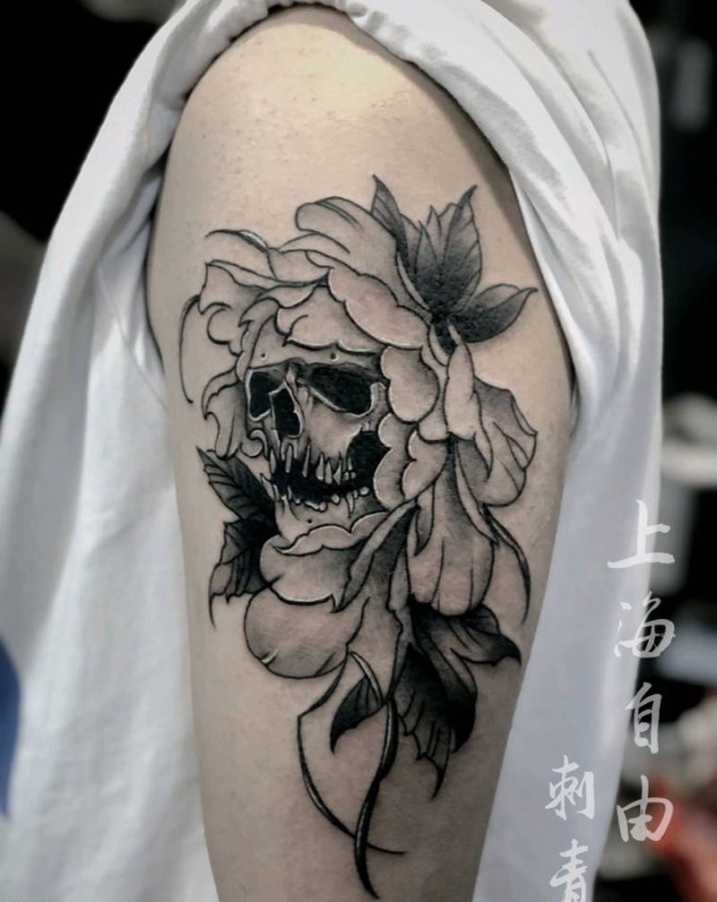 骷髅花纹身图片_手臂New School花骷髅纹身图案