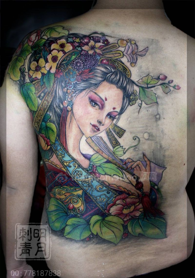 明月艺伎纹身图片_人物艺伎明月艺伎明月中国成品原创传统背部插画纹身图案
