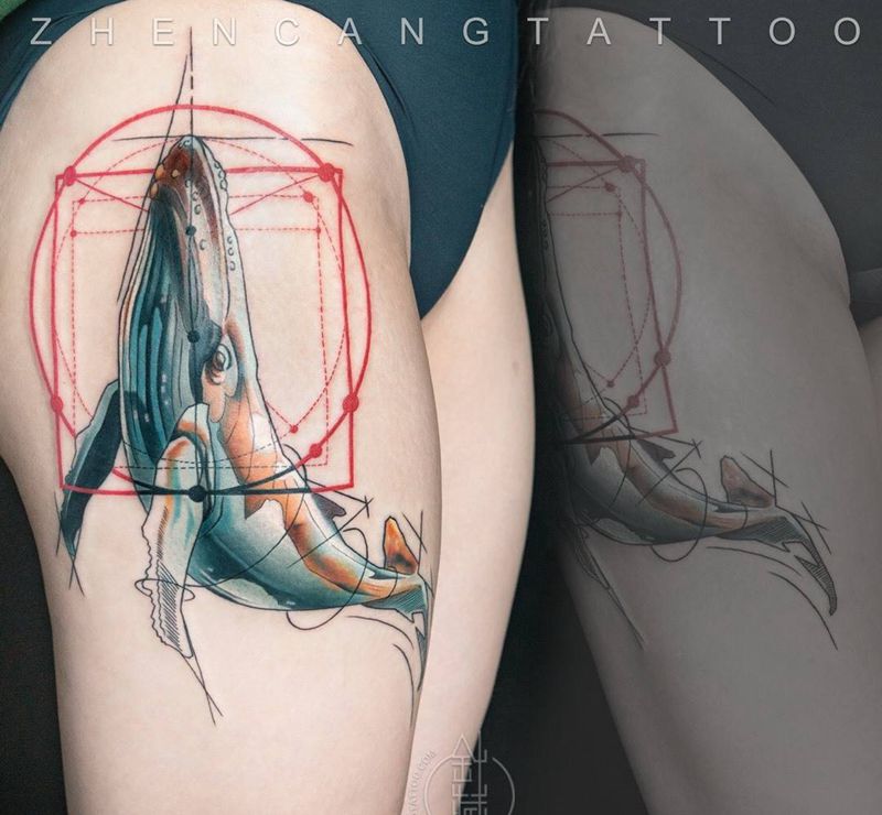 鲸 | 针藏刺青 ·邵钢·纹身图片_成品腿部写实欧美几何针藏刺青邵钢动物纹身图案