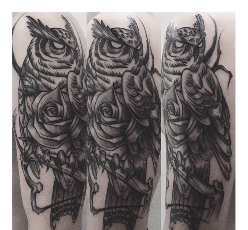 大臂猫头鹰纹身图片_成品手臂欧美动物纹身图案