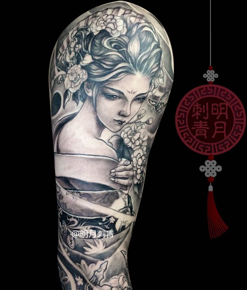 明月预计系列-明妃纹身图片_成品写实肖像人物原创艺伎明月艺伎明月中国传统手臂纹身图案