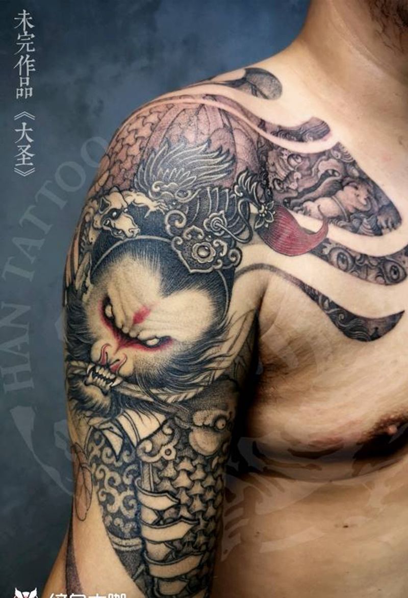 《大圣》纹身图片_手臂肩部新传统老传统中国风悟空齐天大圣纹身图案