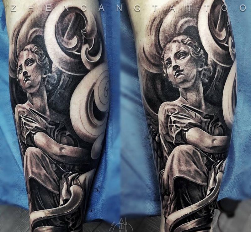黑灰·天使 【未完待续】| 针藏刺青 ·邵钢· 纹身作品纹身图片_成品腿部写实欧美鬼神人物针藏刺青邵钢纹身图案