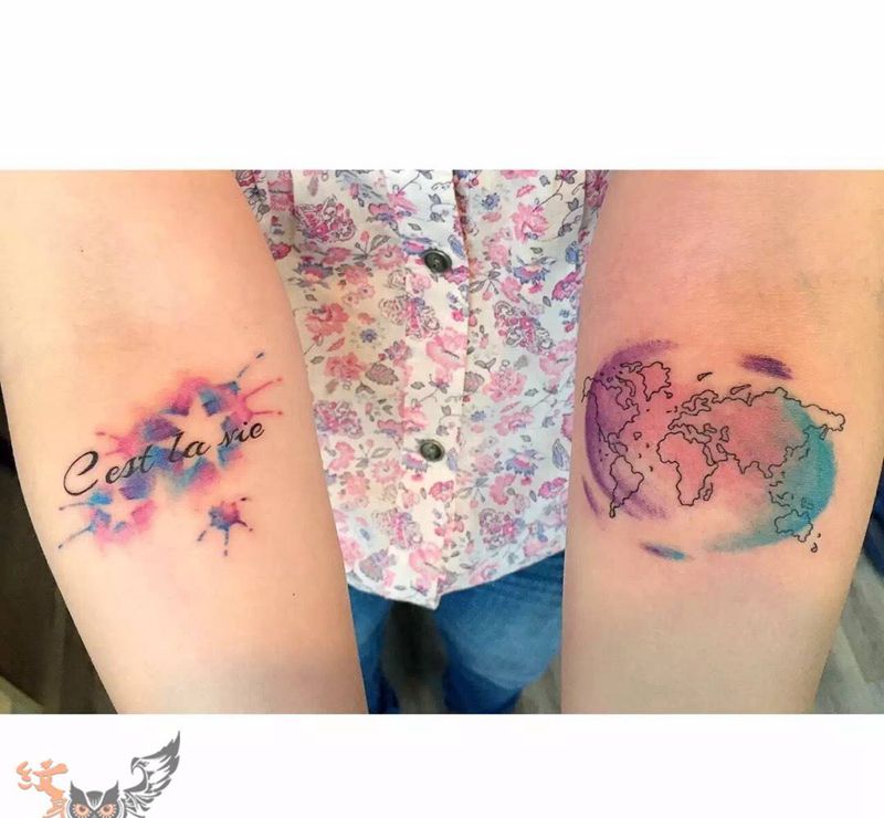 水彩地图纹身图片_成品手臂清新水彩字符纹身图案