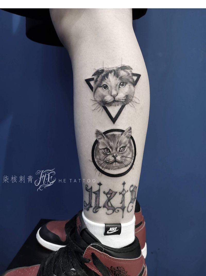 猫纹身图片_腿部脚部欧美写实点刺纹身图案
