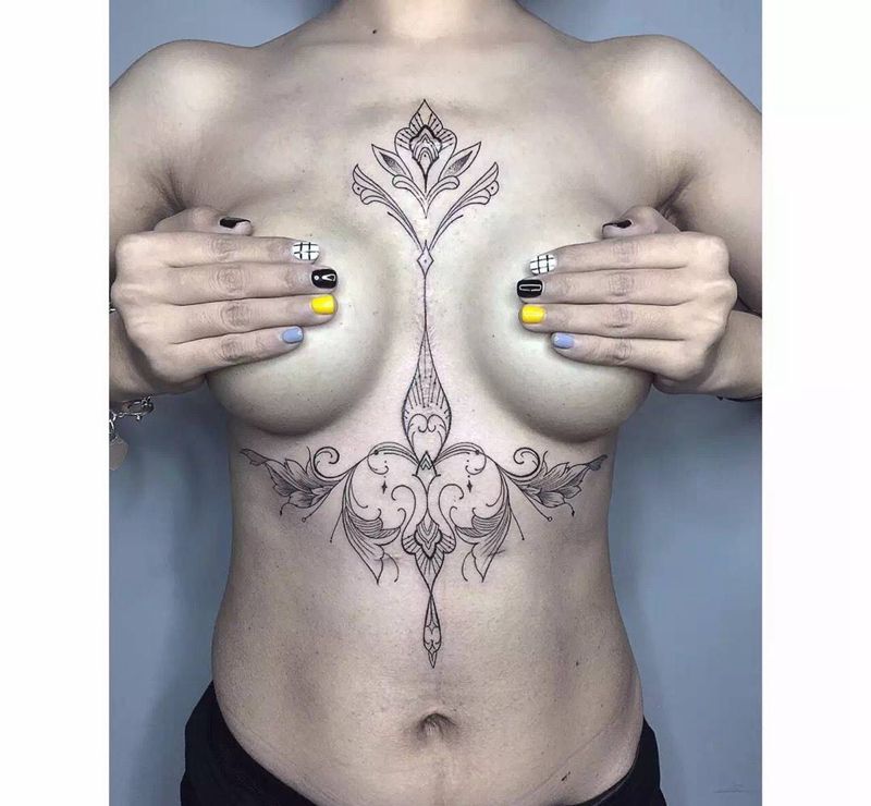 性感装饰性纹身纹身图片_成品腰部腹部胸部清新欧美几何植物图腾纹身图案