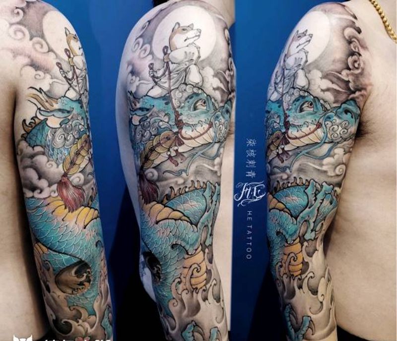 龙母纹身图片_手臂肩部新传统老传统龙柴犬纹身图案