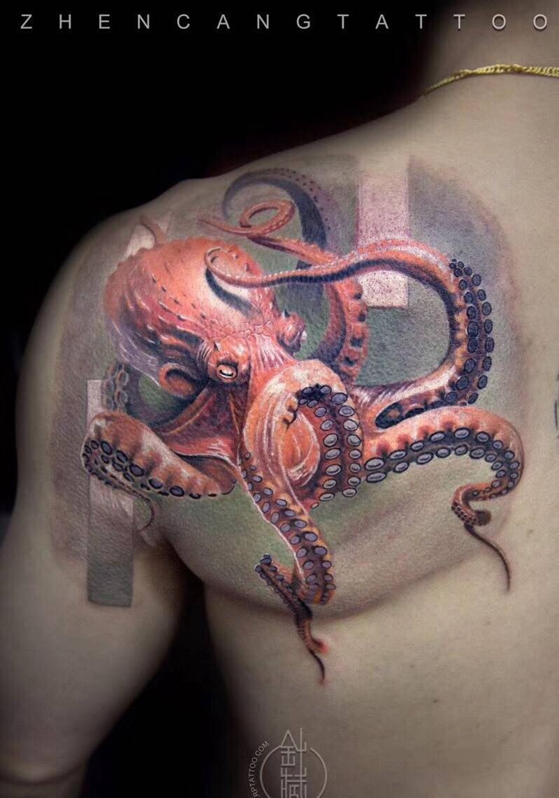 天才章鱼 | 针藏刺青 ·邵钢· 纹身作品纹身图片_成品背部写实针藏刺青邵钢原创动物纹身图案