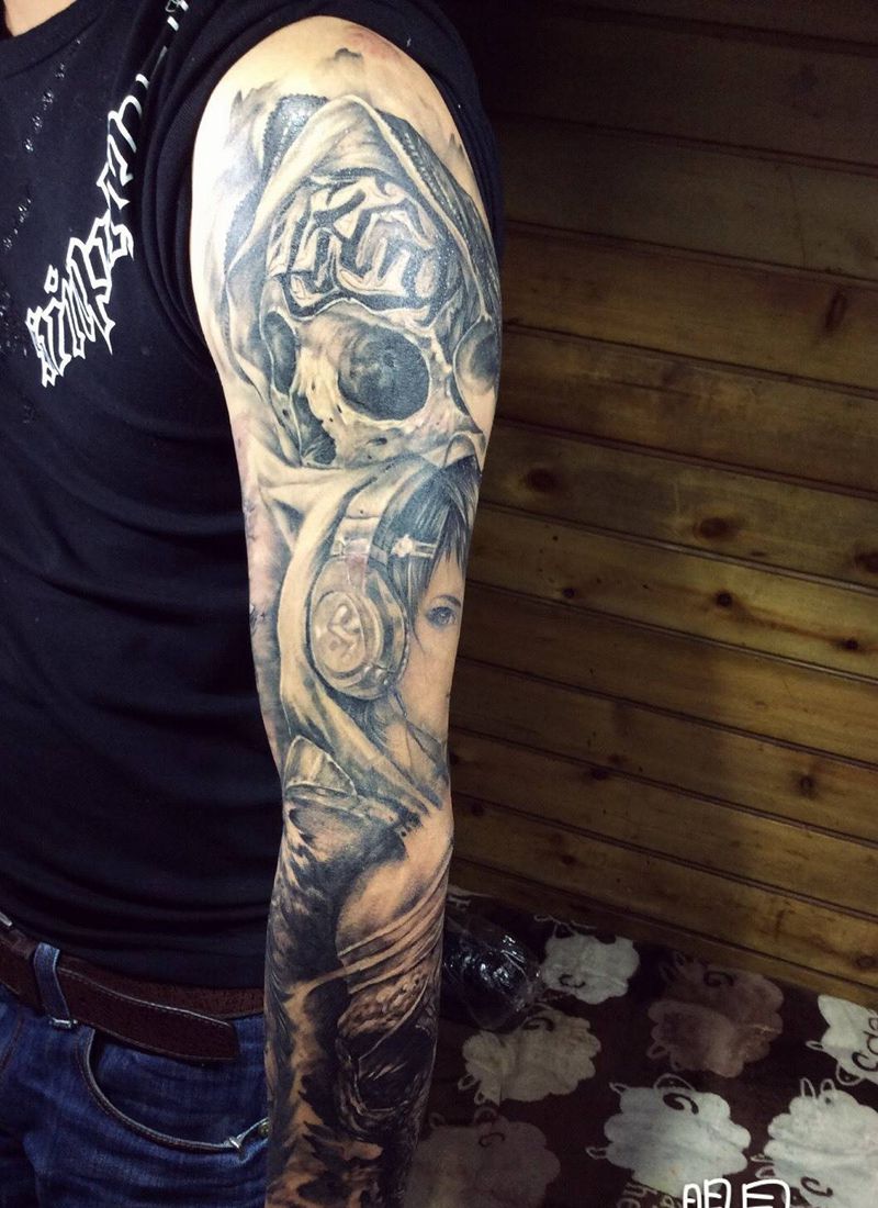 欧美花臂纹身图片_成品手臂欧美写实肖像人物原创纹身图案