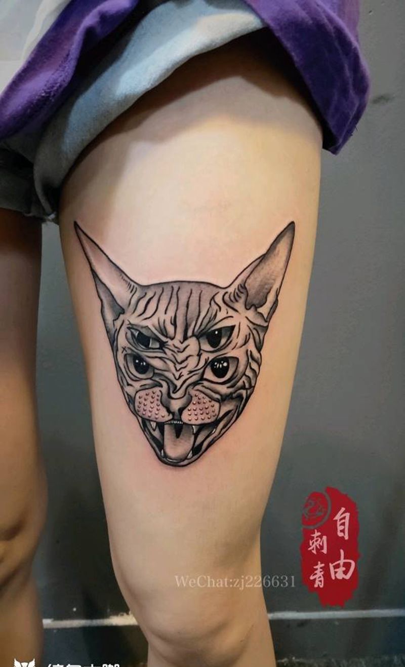 斯芬克斯纹身图片_欧美写实斯芬克斯猫纹身图案