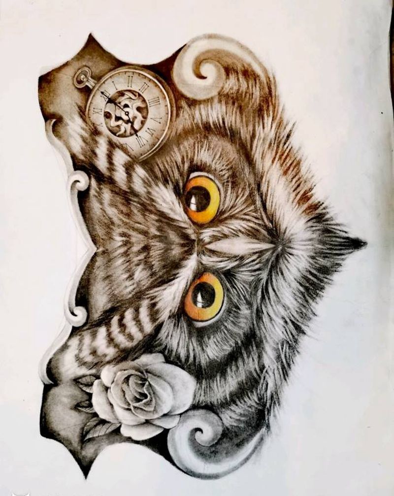 猫头鹰纹身图片_胸部欧美写实纹身图案