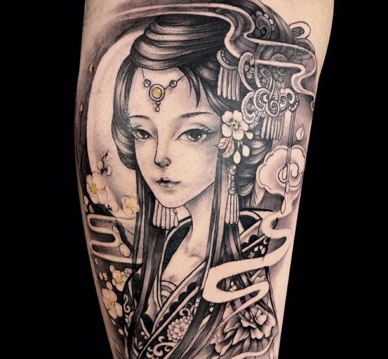 云想衣裳纹身图片_成品腿部手臂人物美人图艺伎明月艺伎传统潮流女孩纹身图案