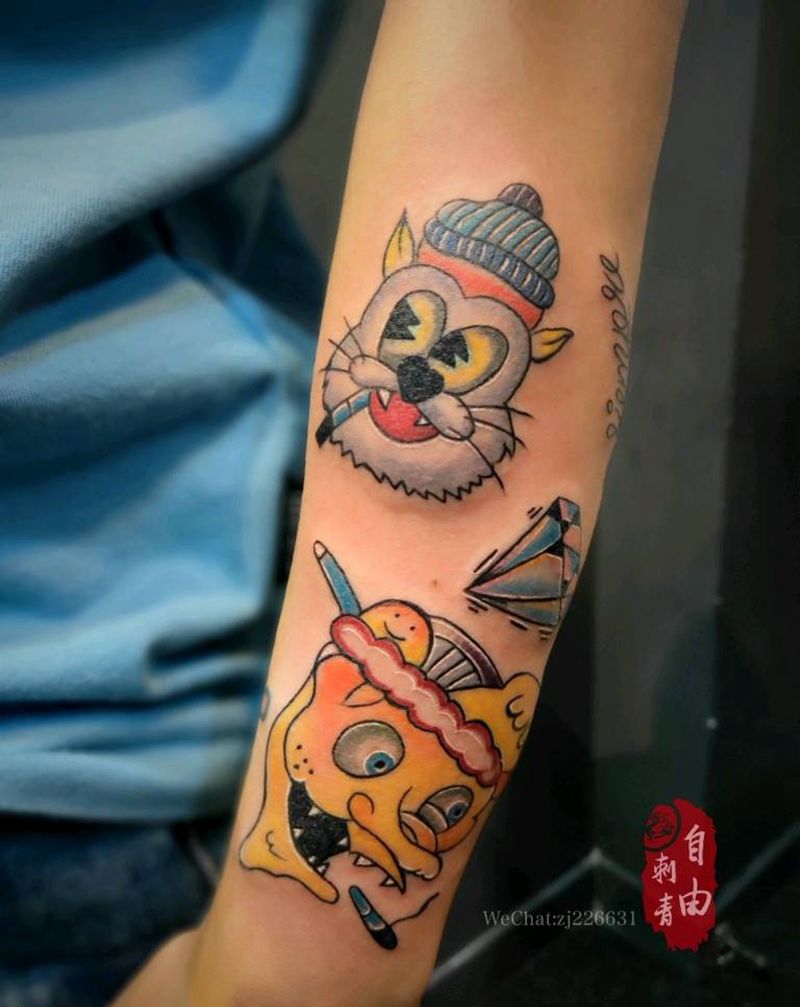 new school纹身图片_手臂New School海绵宝宝猫钻石纹身图案