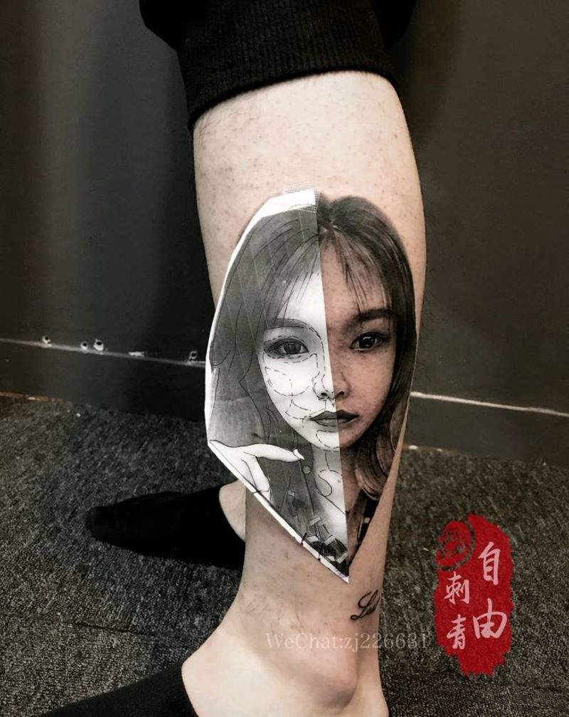 肖像纹身图片_腿部欧美写实照片写实照片纹身图案